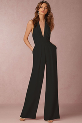 Newinlook Casual Black Deep V-Neck Halter Long Daily Jump Suit